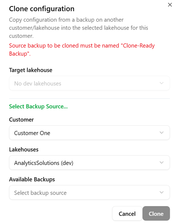 The Clone Configuration modal in the VisoFlow Command Center: pick a source customer, lakehouse and backup, then clone it into a new customer environment